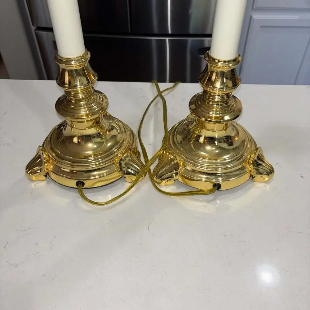 Vintage Stiffel Brass Candlestick Table Lamp Pair with Ornate Finial